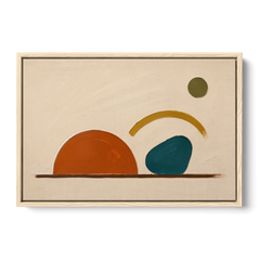 Mid Century Modern Art Half Circle With Teal Pebble - Oak Framed Canvas Wall Art - Front