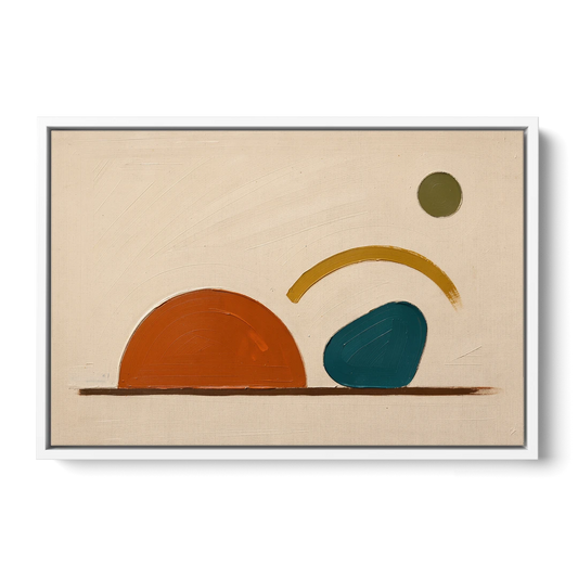 Mid Century Modern Art Half Circle With Teal Pebble - White Framed Canvas Wall Art - Front