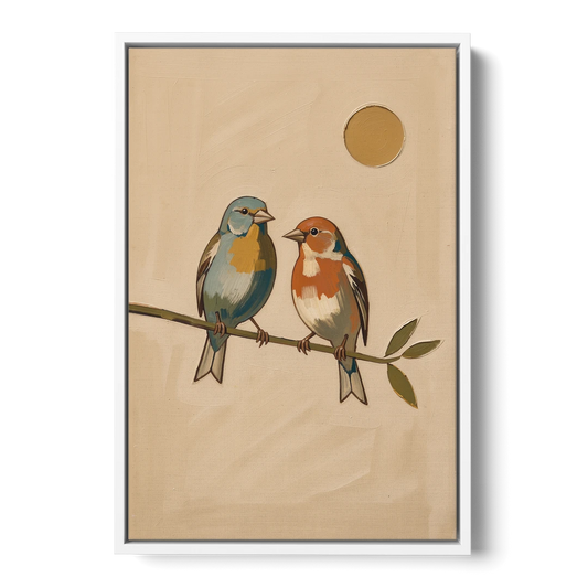 Mid Century Modern Art Prints with Two Songbirds - White Framed Canvas Wall Art - Front