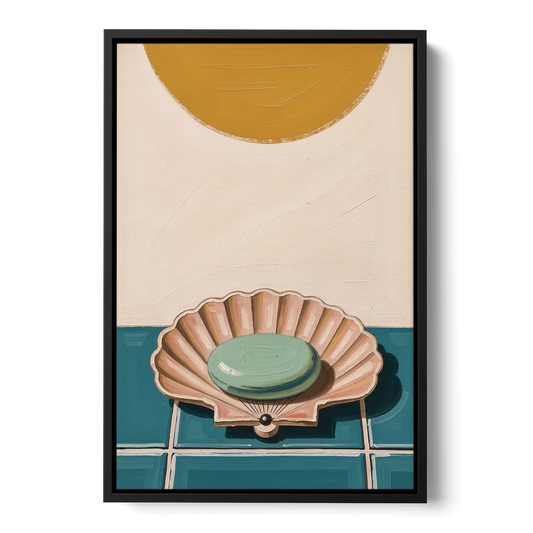 Mid Century Modern Bathroom Art Scallop Shell Soap Dish - Black Framed Canvas Wall Art - Front
