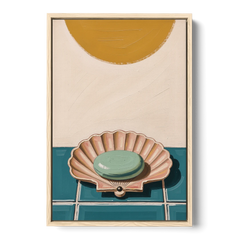 Mid Century Modern Bathroom Art Scallop Shell Soap Dish - Oak Framed Canvas Wall Art - Front