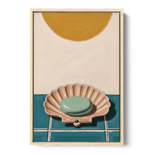Mid Century Modern Bathroom Art Scallop Shell Soap Dish - Oak Framed Canvas Wall Art - Front