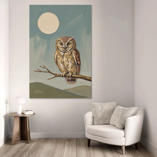 Mid Century Modern Gallery Wall Owl Under the Moon - Canvas Wall Art - Sofa - 40x60