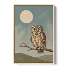 Mid Century Modern Gallery Wall Owl Under the Moon - Oak Framed Canvas Wall Art - Front