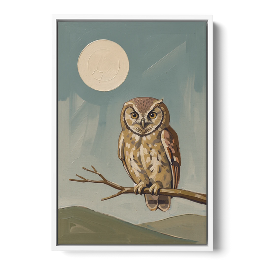 Mid Century Modern Gallery Wall Owl Under the Moon - White Framed Canvas Wall Art - Front