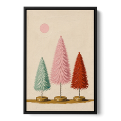 Mid Century Modern Holiday Decor of Bottle Brush Trees - Black Framed Canvas Wall Art - Front