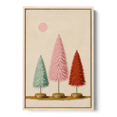 Mid Century Modern Holiday Decor of Bottle Brush Trees - Oak Framed Canvas Wall Art - Front
