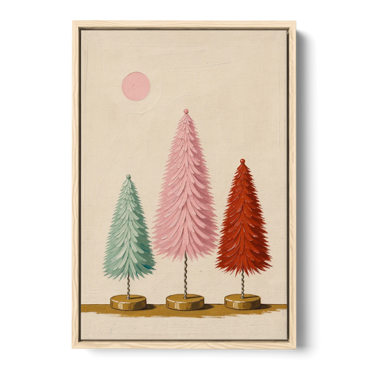 Mid Century Modern Holiday Decor of Bottle Brush Trees - Oak Framed Canvas Wall Art - Front