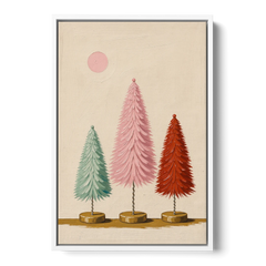 Mid Century Modern Holiday Decor of Bottle Brush Trees - White Framed Canvas Wall Art - Front
