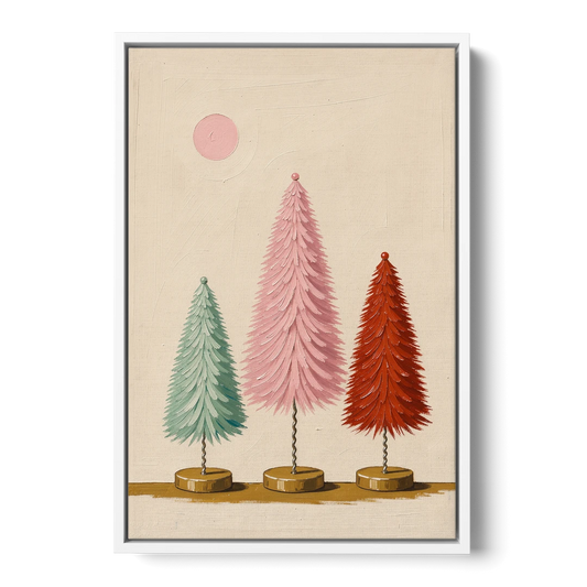 Mid Century Modern Holiday Decor of Bottle Brush Trees - White Framed Canvas Wall Art - Front
