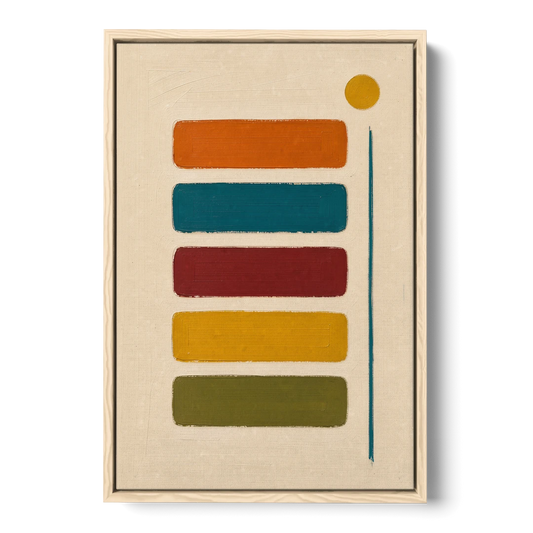 Mid Century Modern Home Decor with Five Stacked Swatches - Oak Framed Canvas Wall Art - Front