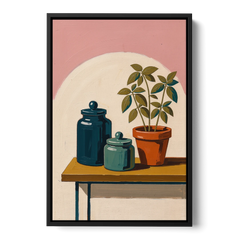 Mid Century Modern Kitchen Art with Jars and Basil - Black Framed Canvas Wall Art - Front