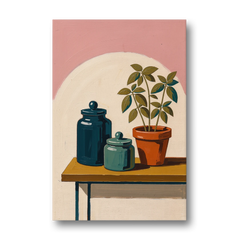 Mid Century Modern Kitchen Art with Jars and Basil - Canvas Wall Art - Front