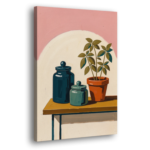 Mid Century Modern Kitchen Art with Jars and Basil - Canvas Wall Art - Side