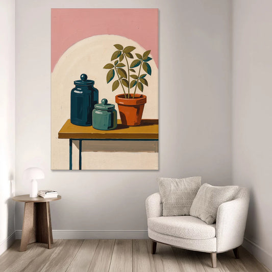 Mid Century Modern Kitchen Art with Jars and Basil - Canvas Wall Art - Sofa - 40x60