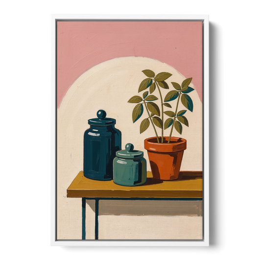 Mid Century Modern Kitchen Art with Jars and Basil - White Framed Canvas Wall Art - Front