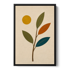 Mid Century Modern Paintings of Three Leaves and Sun - Black Framed Canvas Wall Art - Front