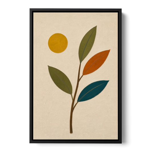 Mid Century Modern Paintings of Three Leaves and Sun - Black Framed Canvas Wall Art - Front