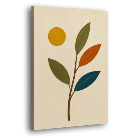 Mid Century Modern Paintings of Three Leaves and Sun - Canvas Wall Art - Side