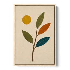 Mid Century Modern Paintings of Three Leaves and Sun - Oak Framed Canvas Wall Art - Front