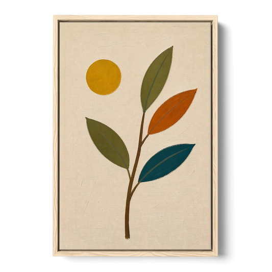 Mid Century Modern Paintings of Three Leaves and Sun - Oak Framed Canvas Wall Art - Front