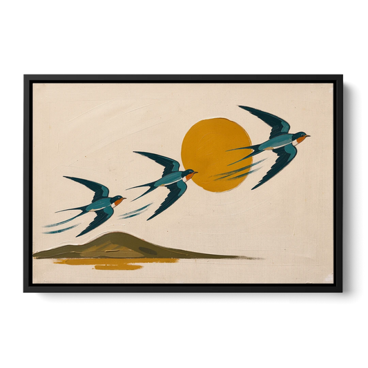 Mid Century Modern Wall Art for Living Room Swallows - Black Framed Canvas Wall Art - Front