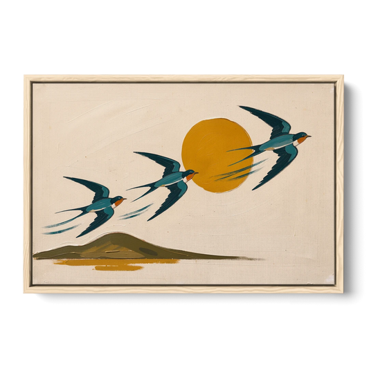 Mid Century Modern Wall Art for Living Room Swallows - Oak Framed Canvas Wall Art - Front