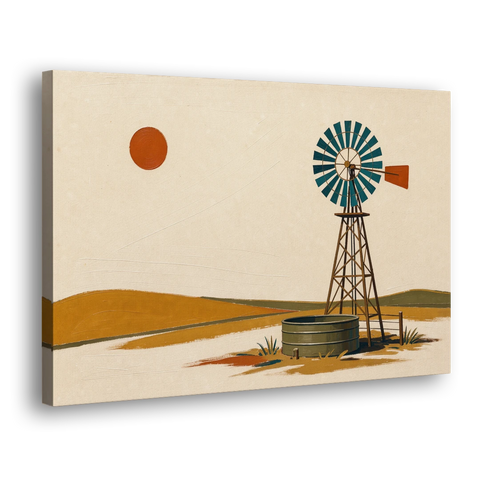 Mid Century Modern Western Art Windmill and Stock Tank - Canvas Wall Art - Side