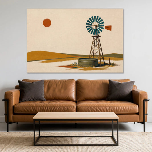 Mid Century Modern Western Art Windmill and Stock Tank - Canvas Wall Art - Sofa - 60x40