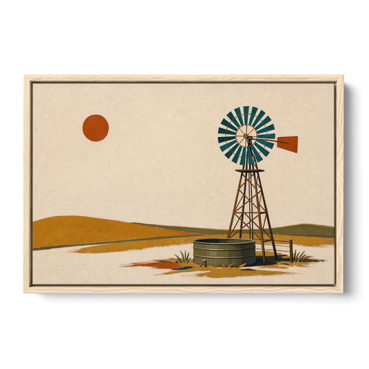 Mid Century Modern Western Art Windmill and Stock Tank - Oak Framed Canvas Wall Art - Front