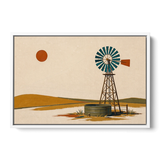 Mid Century Modern Western Art Windmill and Stock Tank - White Framed Canvas Wall Art - Front