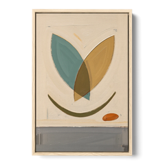 Mid Century Wall Decor with Teal and Ochre Leaves - Oak Framed Canvas Wall Art - Front