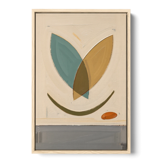 Mid Century Wall Decor with Teal and Ochre Leaves - Oak Framed Canvas Wall Art - Front