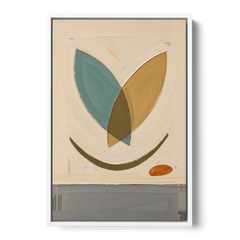 Mid Century Wall Decor with Teal and Ochre Leaves - White Framed Canvas Wall Art - Front