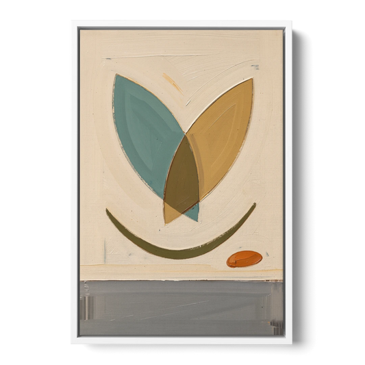 Mid Century Wall Decor with Teal and Ochre Leaves - White Framed Canvas Wall Art - Front
