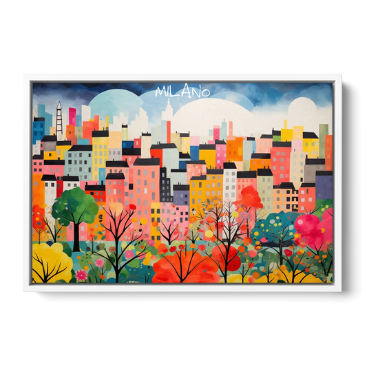 Milan Art of a Colorful Skyline - White Framed Canvas Wall Art - Front