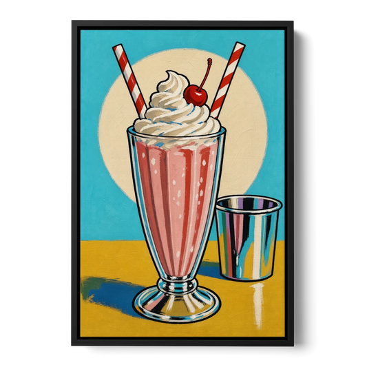 Milkshake Painting with Cherry and Chrome Cup - Black Framed Canvas Wall Art - Front