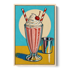 Milkshake Painting with Cherry and Chrome Cup - Oak Framed Canvas Wall Art - Front