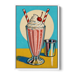 Milkshake Painting with Cherry and Chrome Cup - White Framed Canvas Wall Art - Front