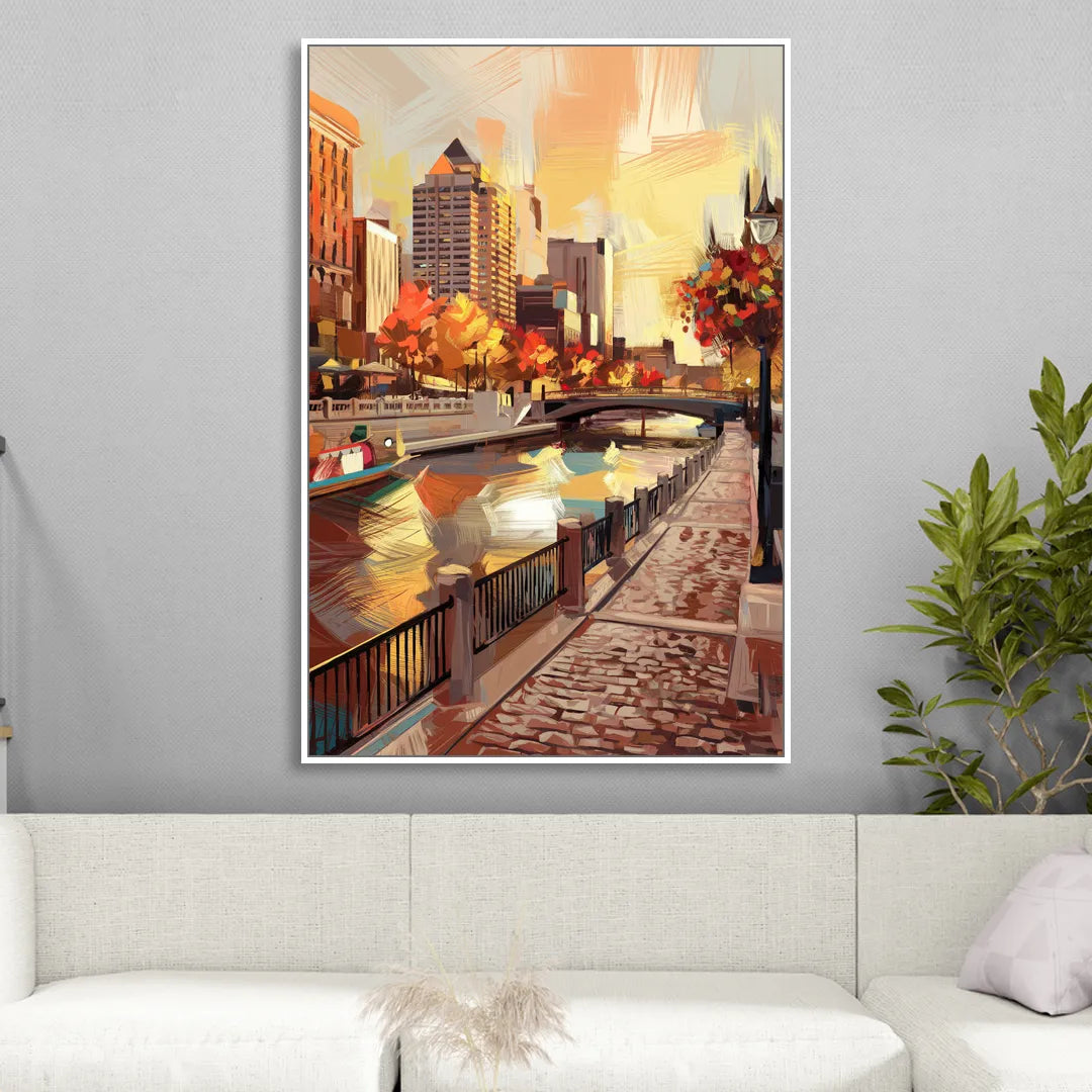 Milwaukee Riverwalk Views Living Room - White Canvas Wall Art