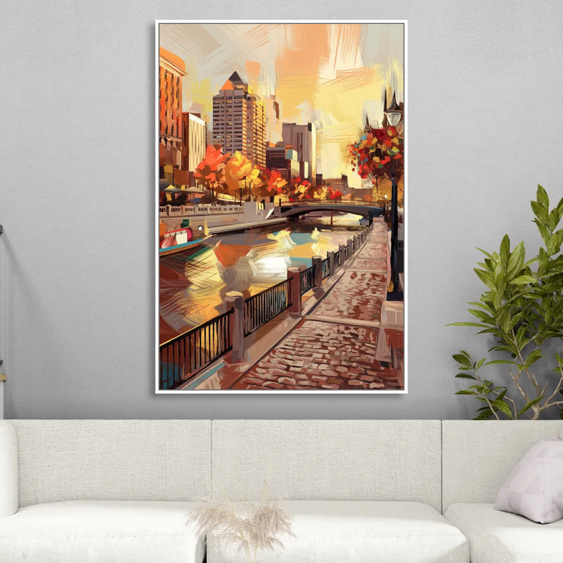 Milwaukee Riverwalk Views Living Room - White Canvas Wall Art