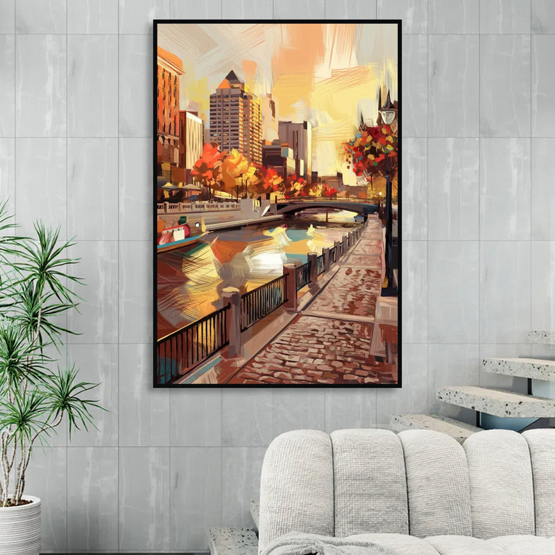 Milwaukee Riverwalk Views Living Room - Black Canvas Wall Art