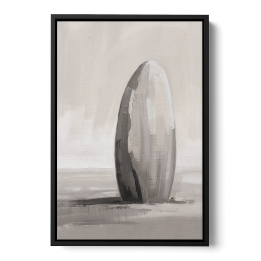 Minimalist Bedroom Standing Stone in Mist - Black Framed Canvas Wall Art - Front