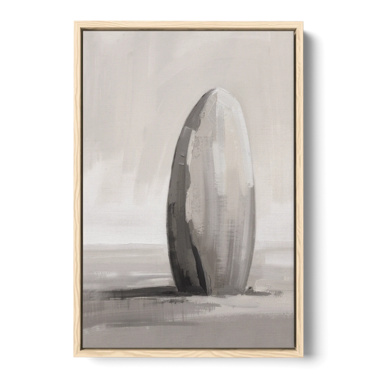 Minimalist Bedroom Standing Stone in Mist - Oak Framed Canvas Wall Art - Front