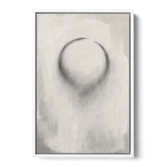 Minimalist Black and White Dissolving Charcoal Circle - White Framed Canvas Wall Art - Front