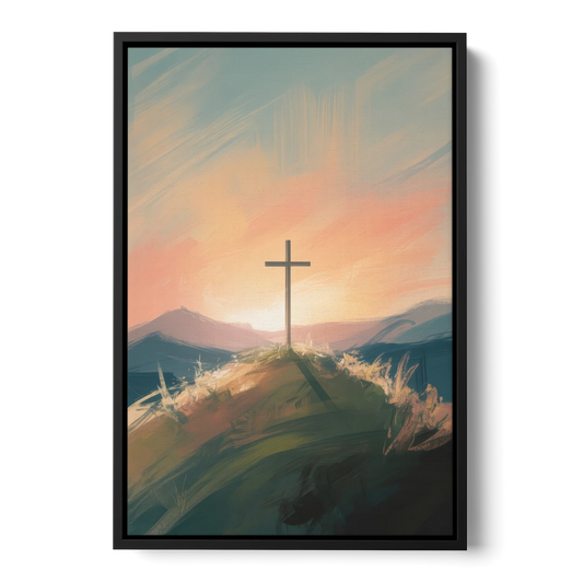 Minimalist Christian Cross on Hill - Black Framed Canvas Wall Art - Front