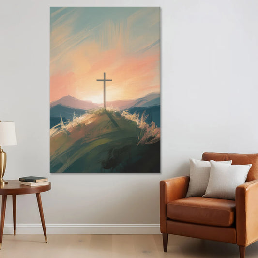 Minimalist Christian Cross on Hill - Canvas Wall Art - Sofa - 40x60