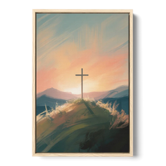 Minimalist Christian Cross on Hill - Oak Framed Canvas Wall Art - Front