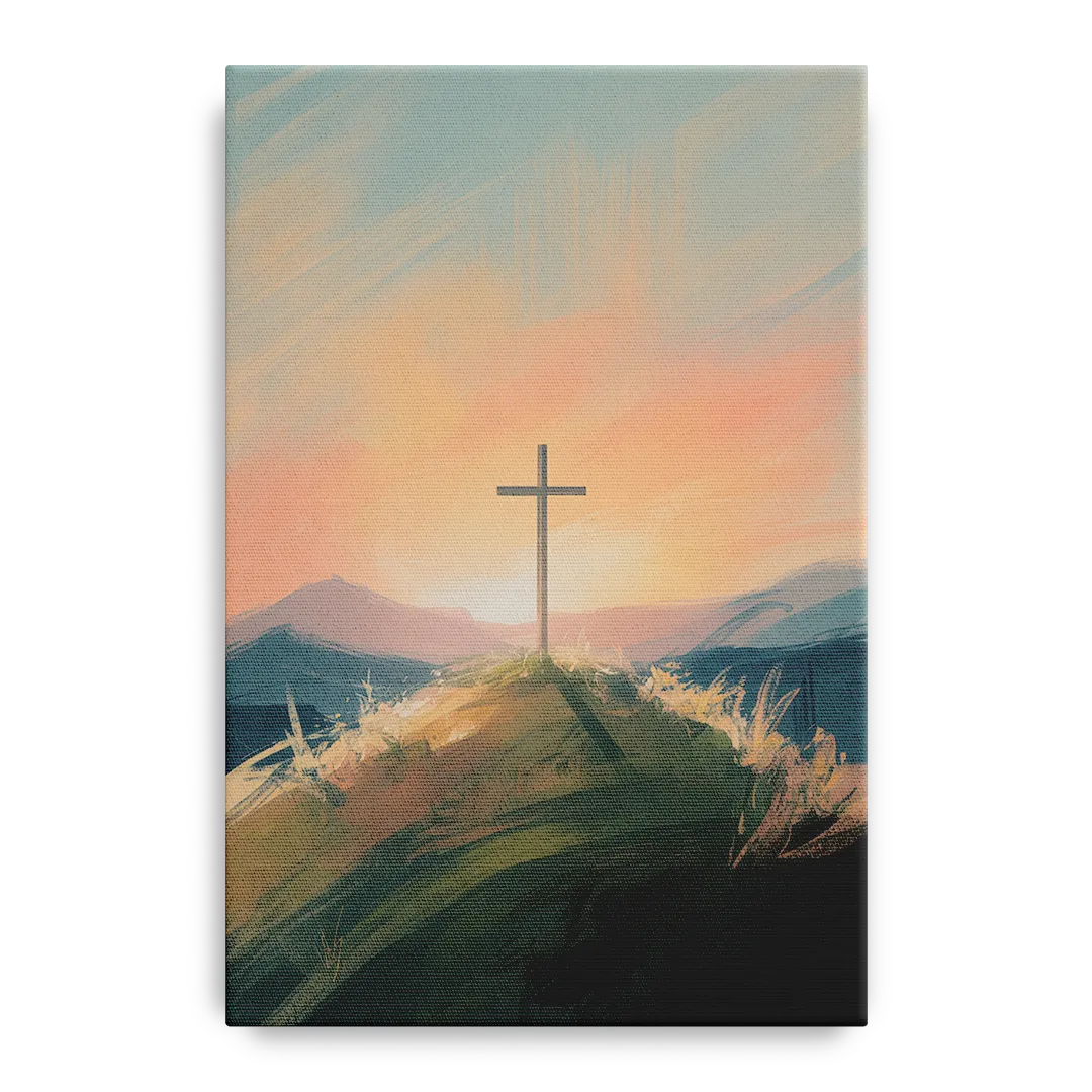 Minimalist Christian Cross on Hill Front - Canvas Wall Art