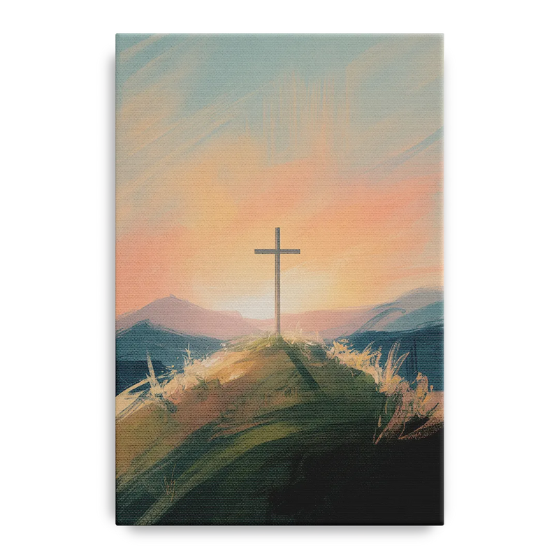 Minimalist Christian Cross on Hill Front - Canvas Wall Art